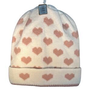 New! Women’s White Mauve Heart Knit Beanie (K0086)